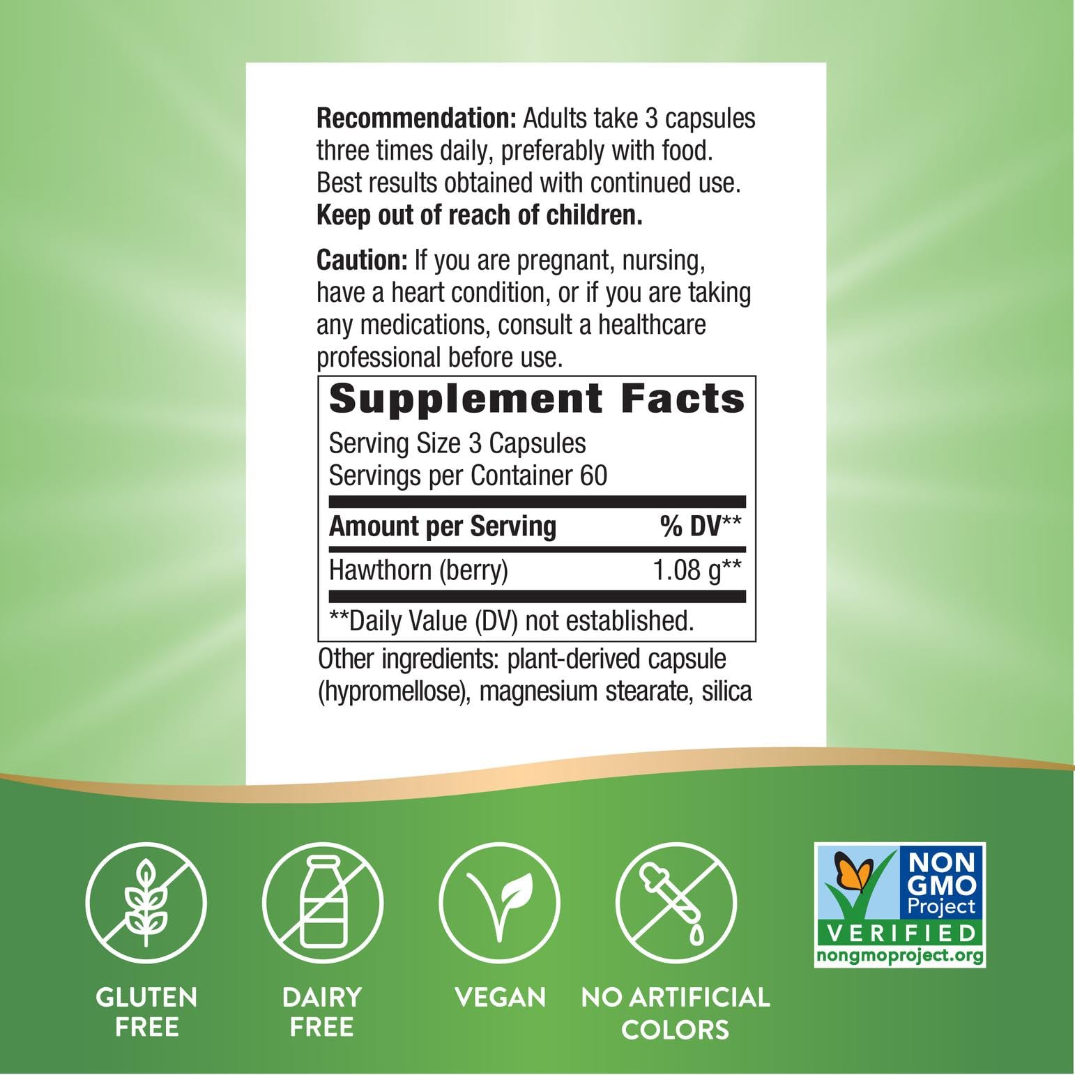 Nature's Way Hawthorn Berries capsules highlight vegan, gluten-free formula