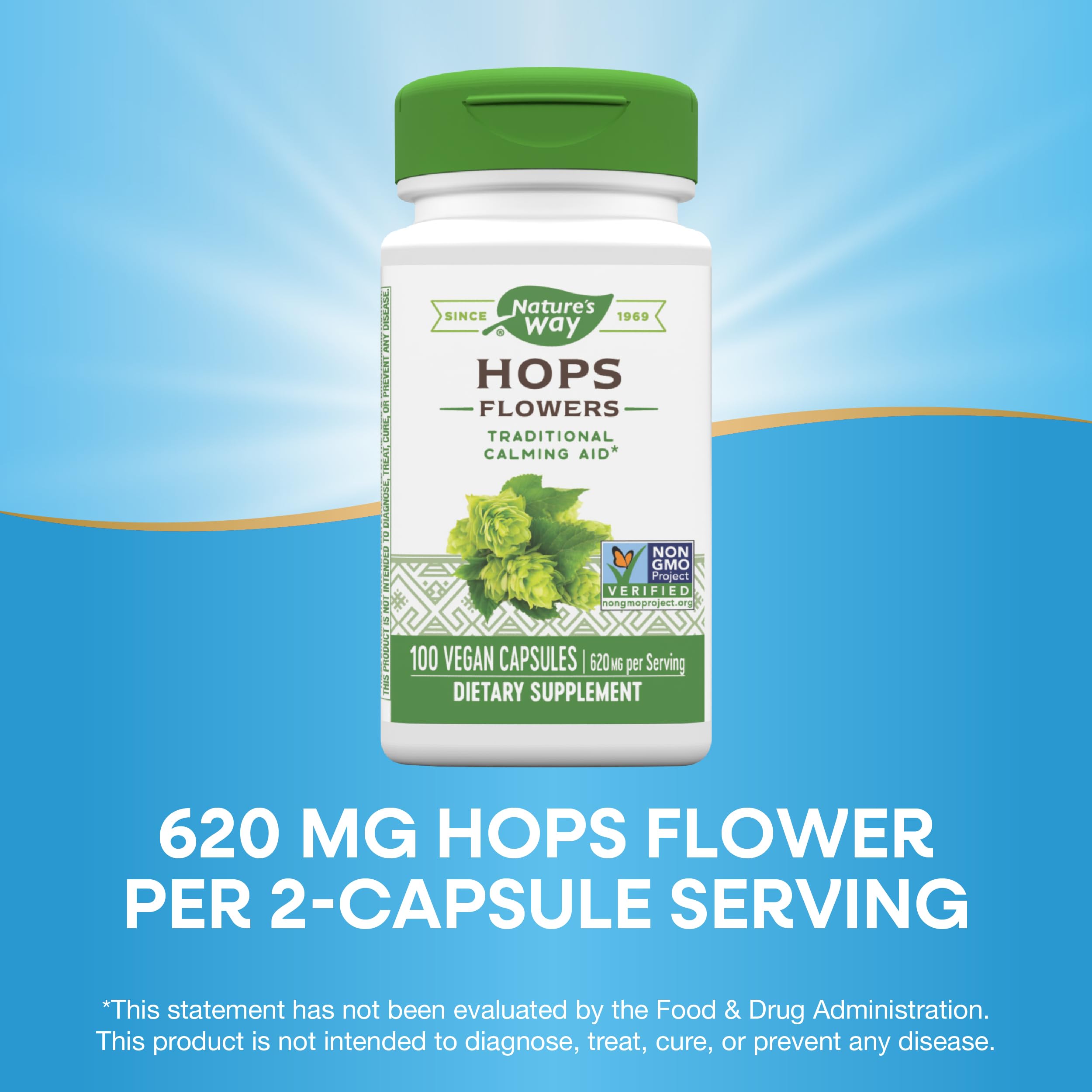 Capsules of Nature's Way Hops Flowers in a measuring spoon for serving