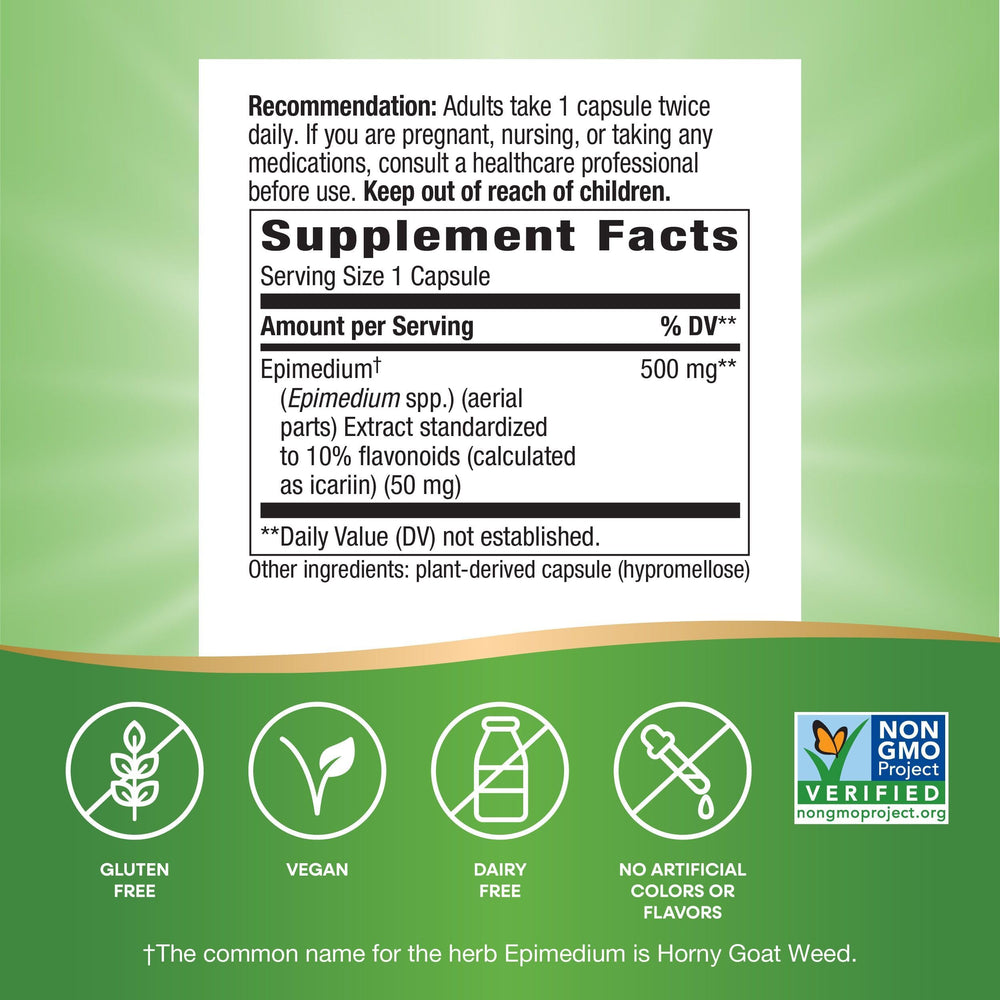 Nature's Way Horny Goat Weed capsules close-up, vegan and non-GMO formula.