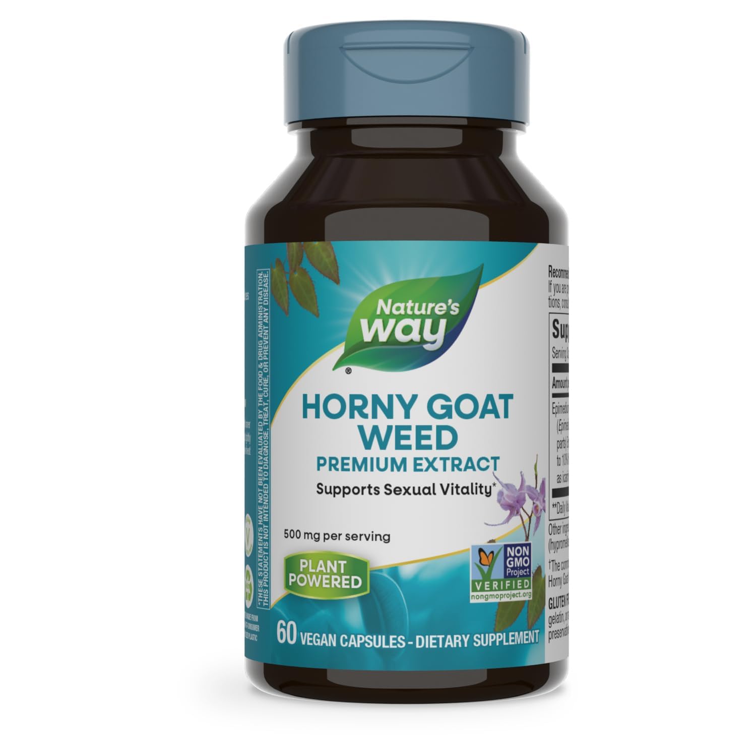 Nature's Way Horny Goat Weed Premium Extract bottle with label, potential vitality support.