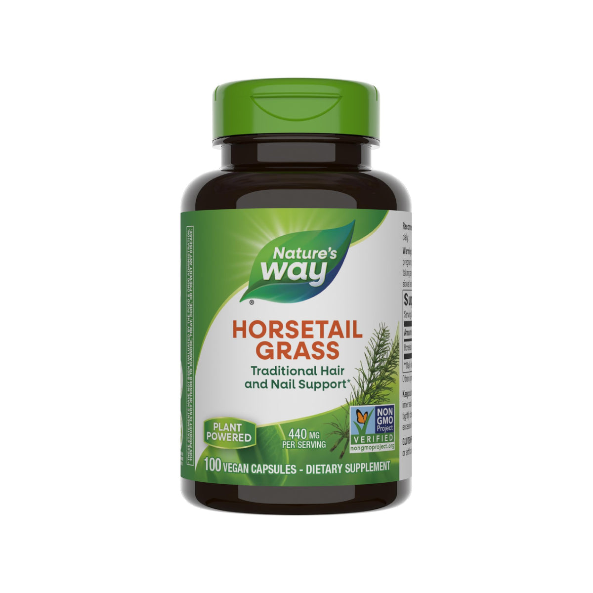 Nature's Way Horsetail Grass bottle with 100 vegan capsules for daily support.