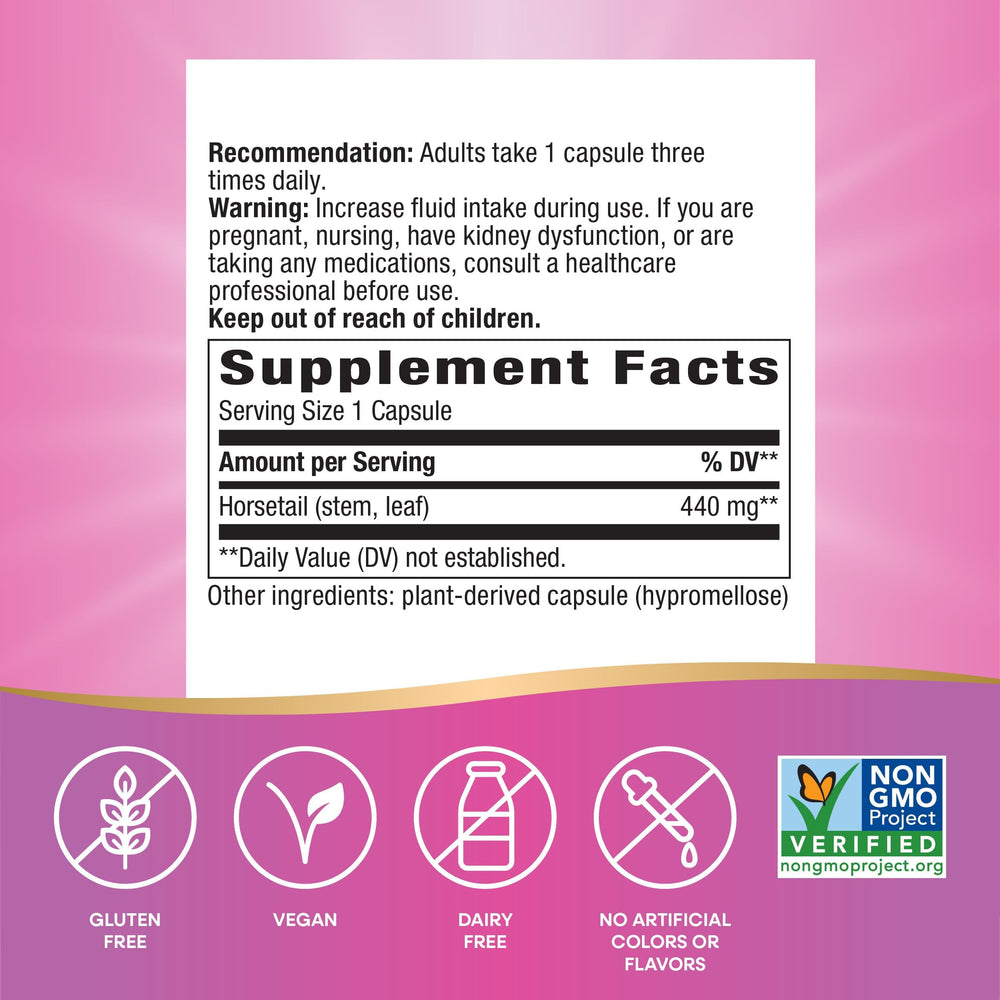 Nature's Way Horsetail Grass capsules illustrate easy daily hair and nails support.
