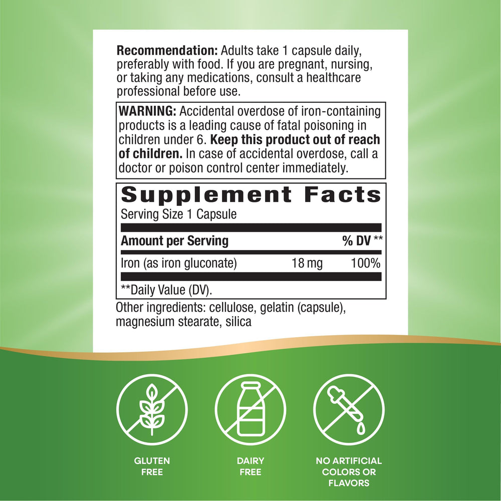 Nature's Way Iron 18mg capsules closeup for easy daily dosing