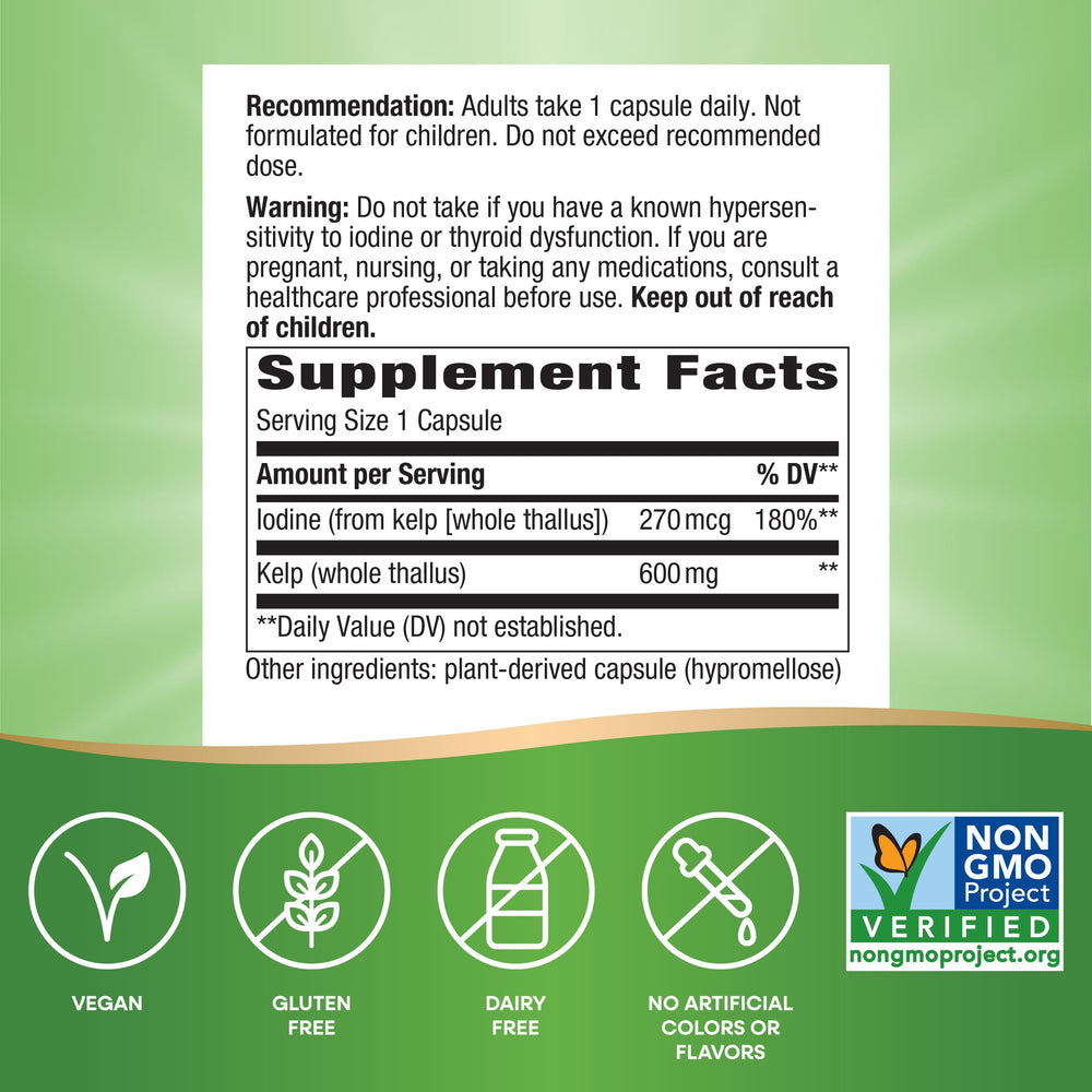 Close-up of Nature's Way Kelp capsules for easy daily iodine intake.