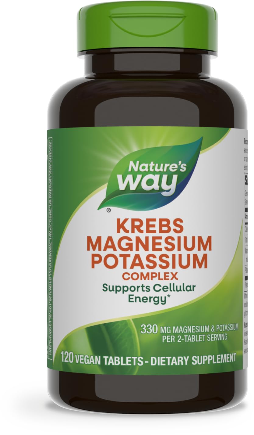 Nature's Way Krebs Magnesium Potassium Complex bottle on countertop for daily energy support.