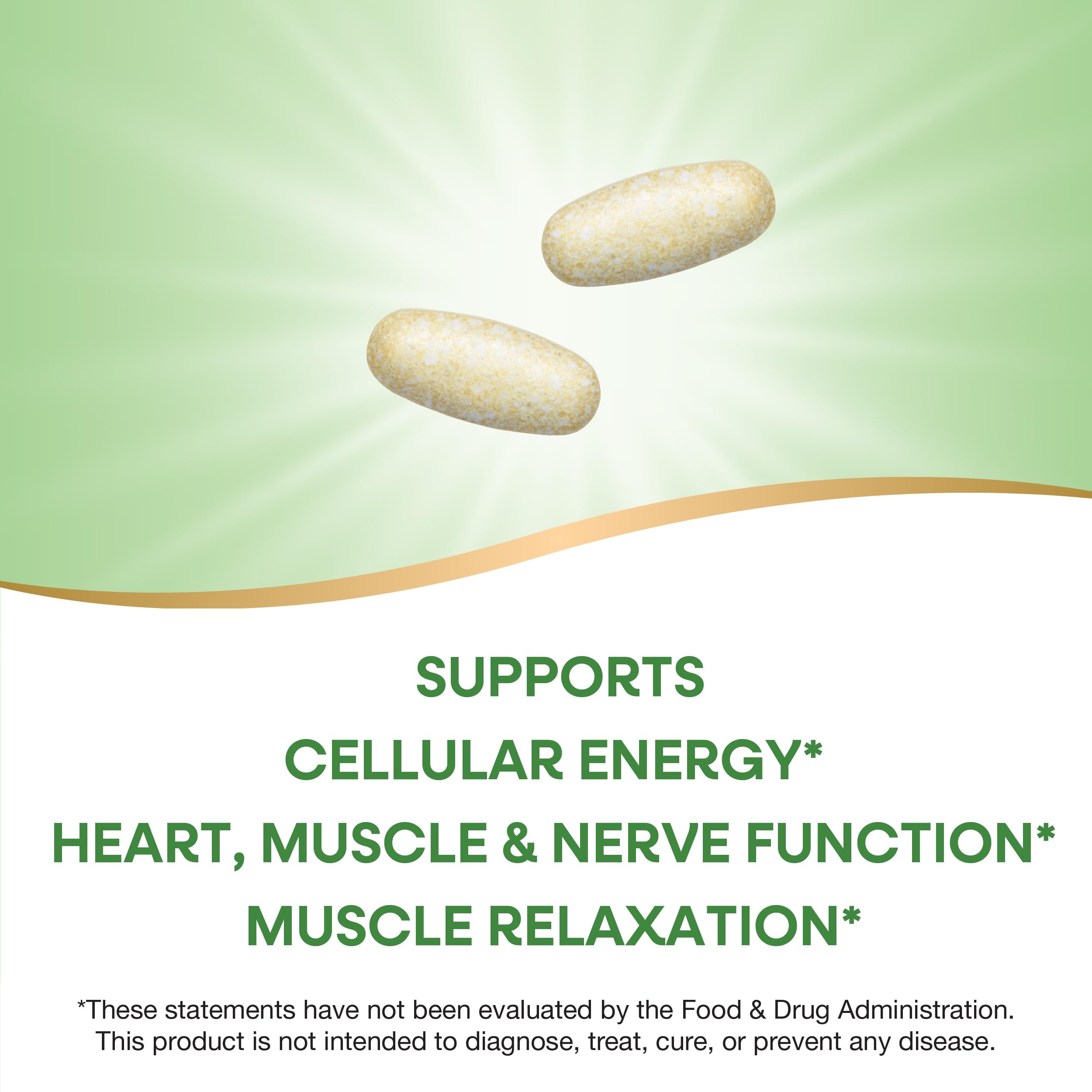 Two tablets serving shown; highlights magnesium and potassium content.