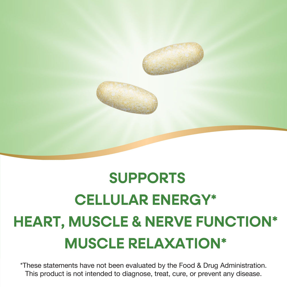 Two tablets serving shown; highlights magnesium and potassium content.