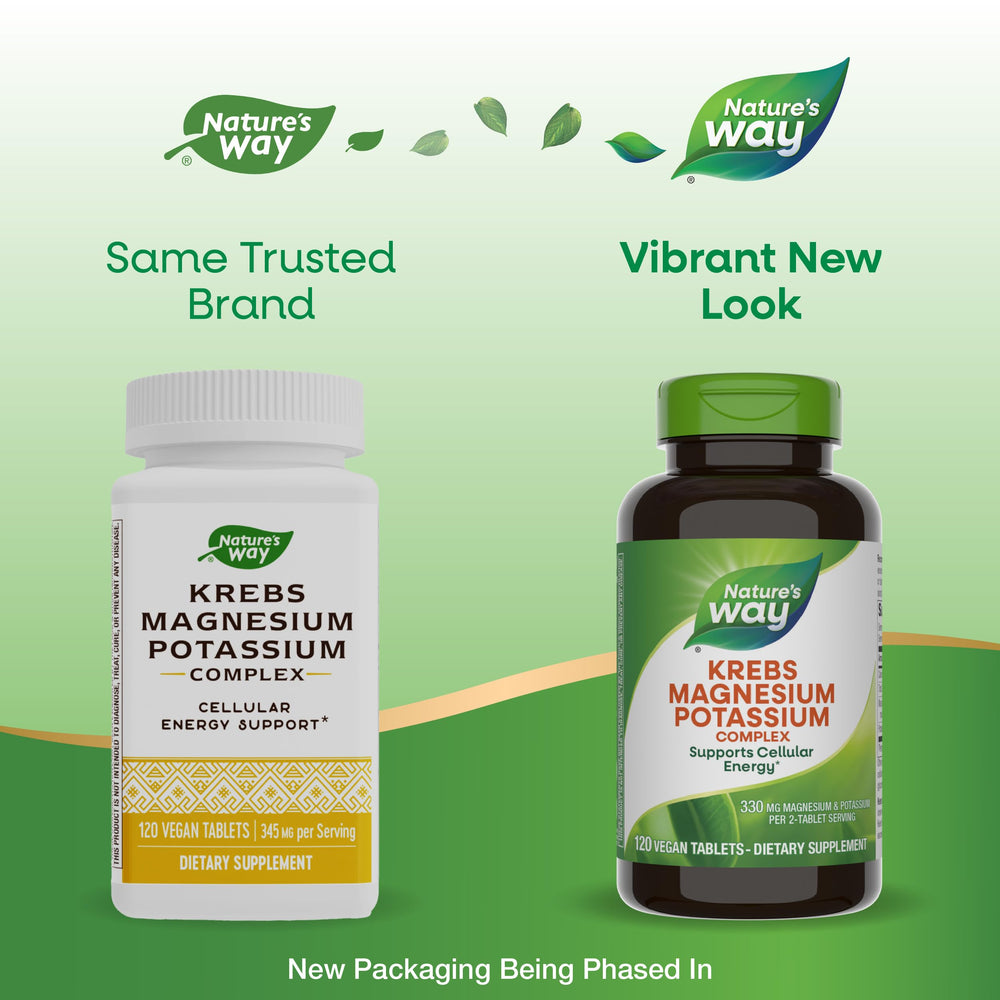 Close-up of Nature's Way Krebs tablets highlighting minerals for energy support.