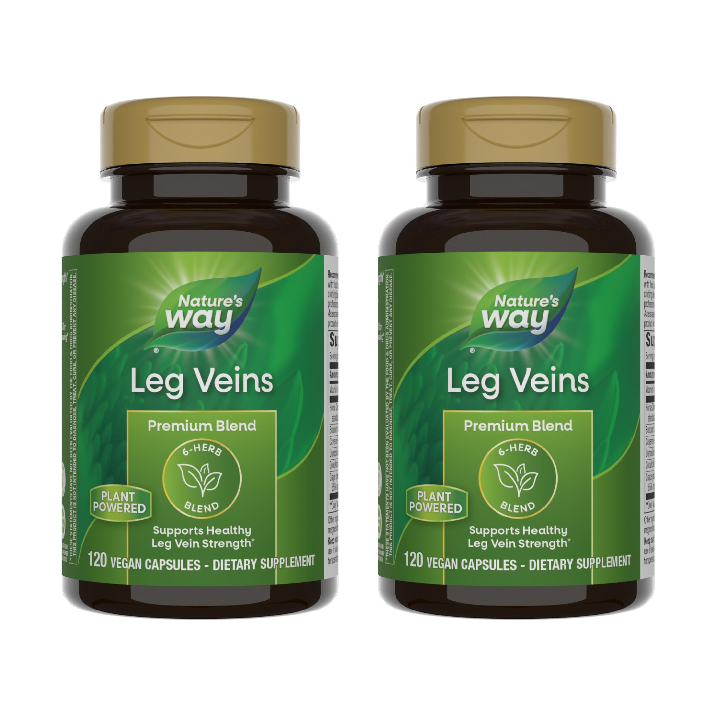 Nature's Way Leg Veins bottle showing vegan, gluten-free capsule formula.