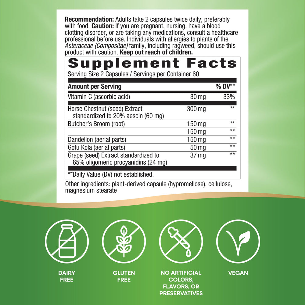 Close-up of Nature's Way Leg Veins capsules highlighting the six-herb blend.