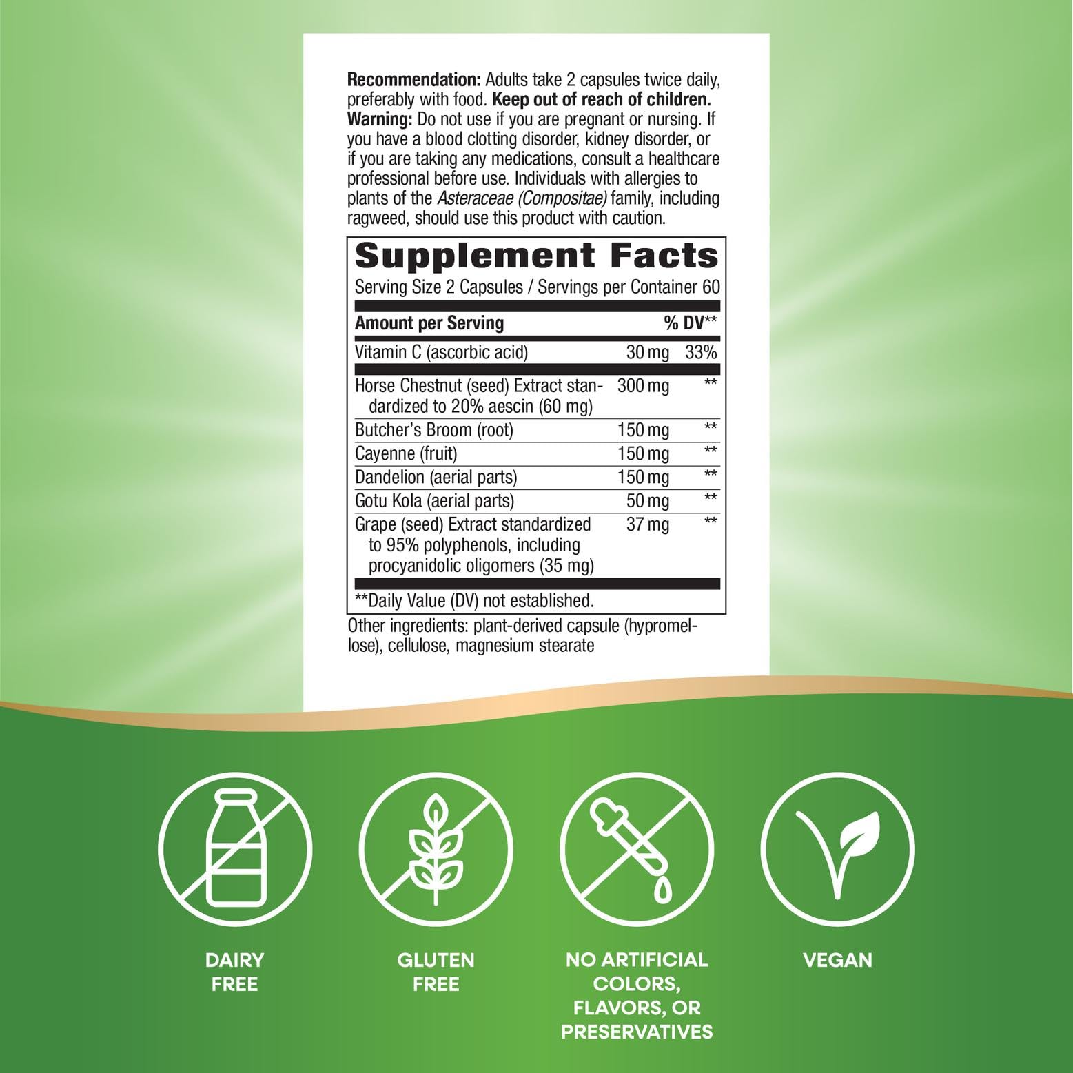 Capsules of Nature's Way Leg Veins showing vegan formula.