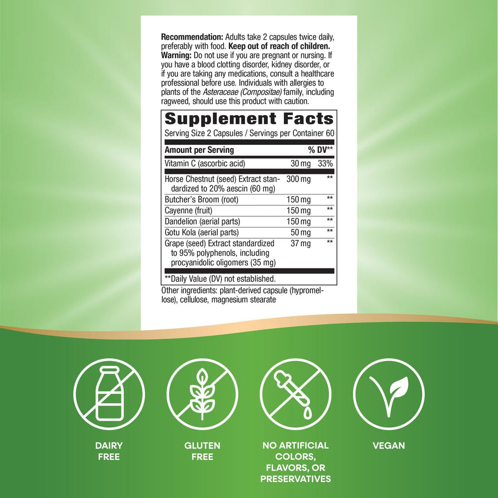 Capsules of Nature's Way Leg Veins showing vegan formula.