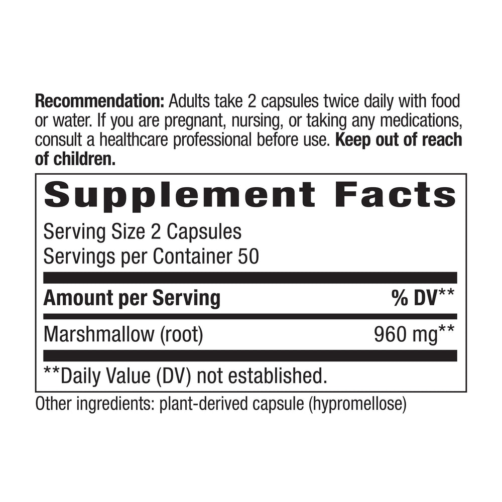Nature's Way Marshmallow Root bottle close-up highlighting vegan and gluten-free features.