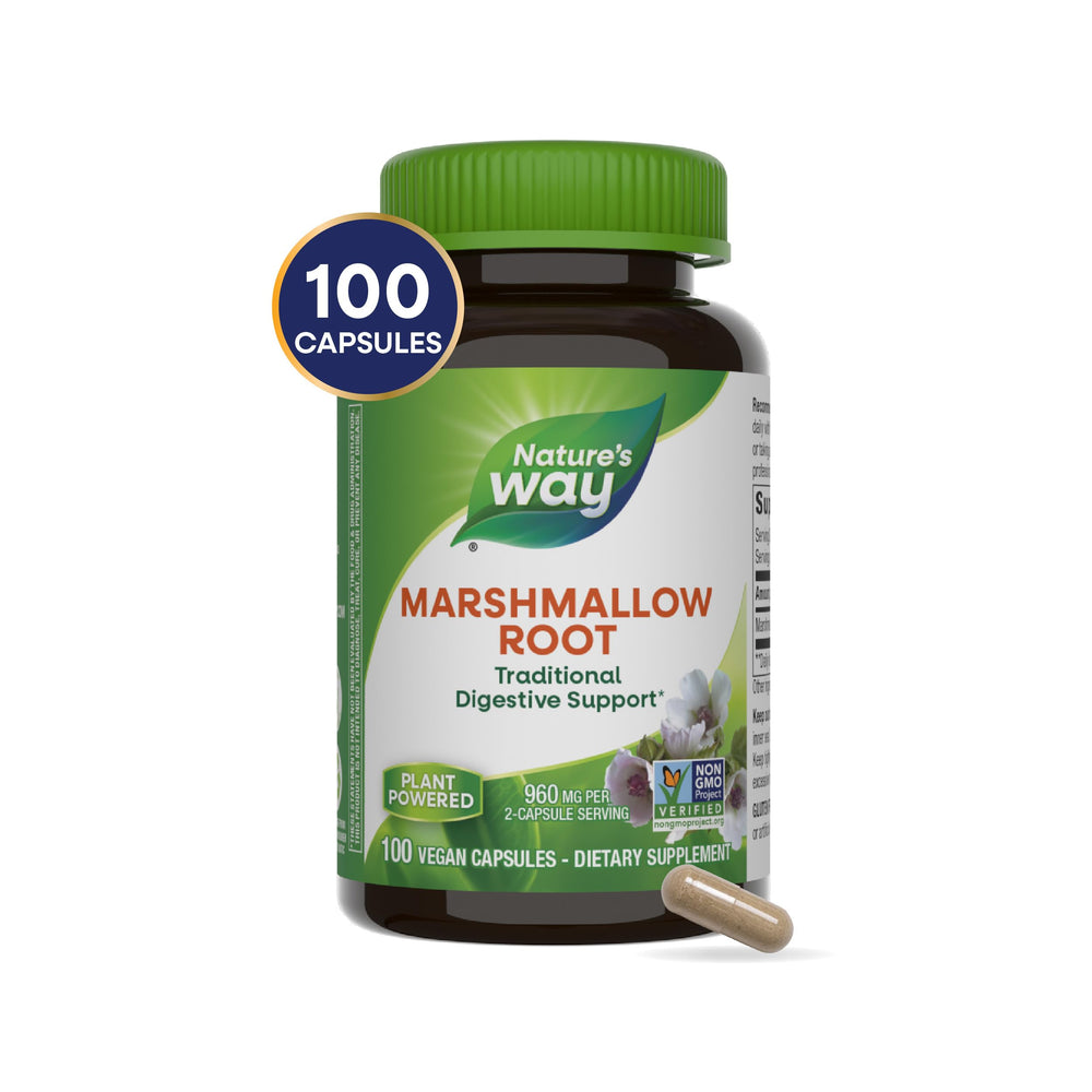 Close-up of Nature's Way Marshmallow Root capsules for easy daily use.