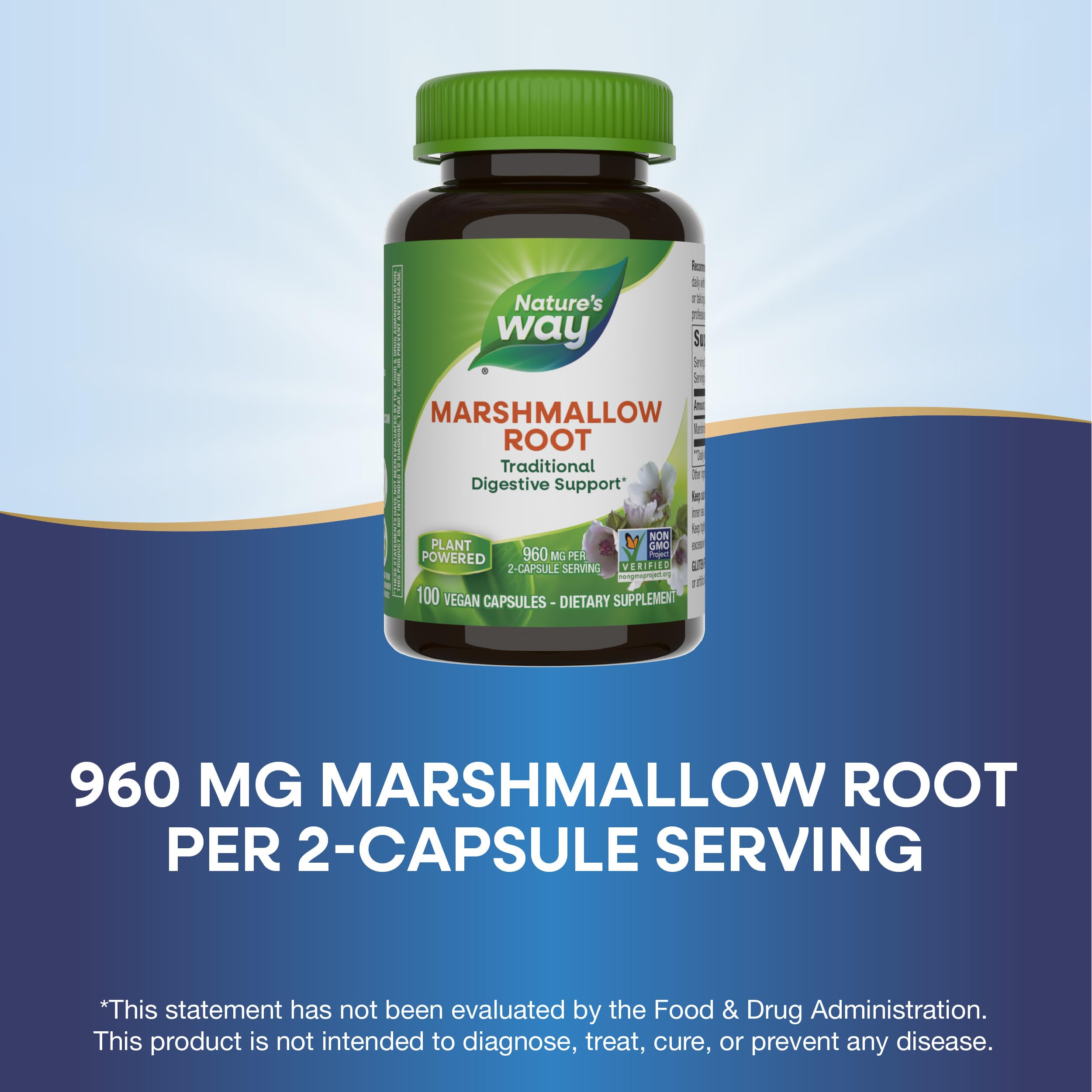 Nature's Way Marshmallow Root packaging emphasizes vegan, gluten-free, and dairy-free attributes.