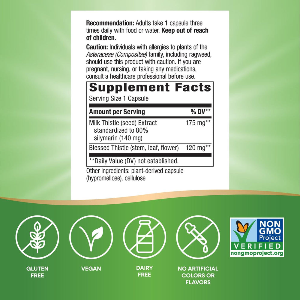 Nature's Way Milk Thistle capsules in bottle illustrating daily use