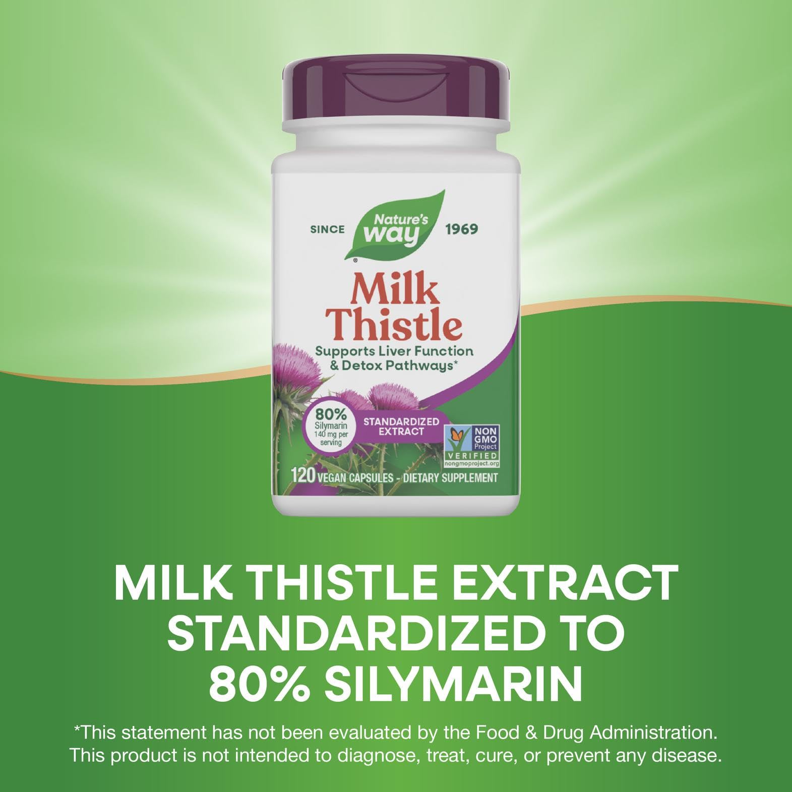 Nature's Way Milk Thistle capsules beside water illustrating easy daily use