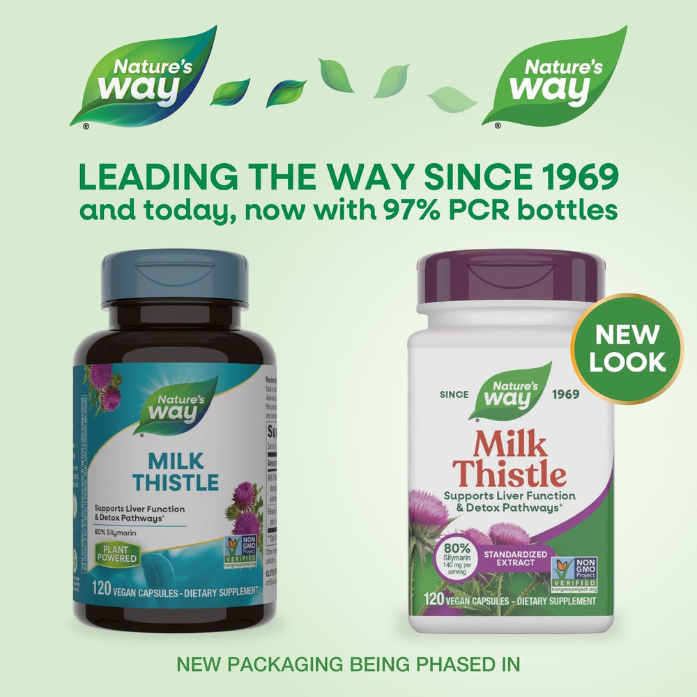 Nature's Way Milk Thistle bottle shows standardized extract for consistent silymarin potency