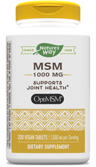 Nature's Way MSM 1000 mg bottle front view, highlighting label for joint support.