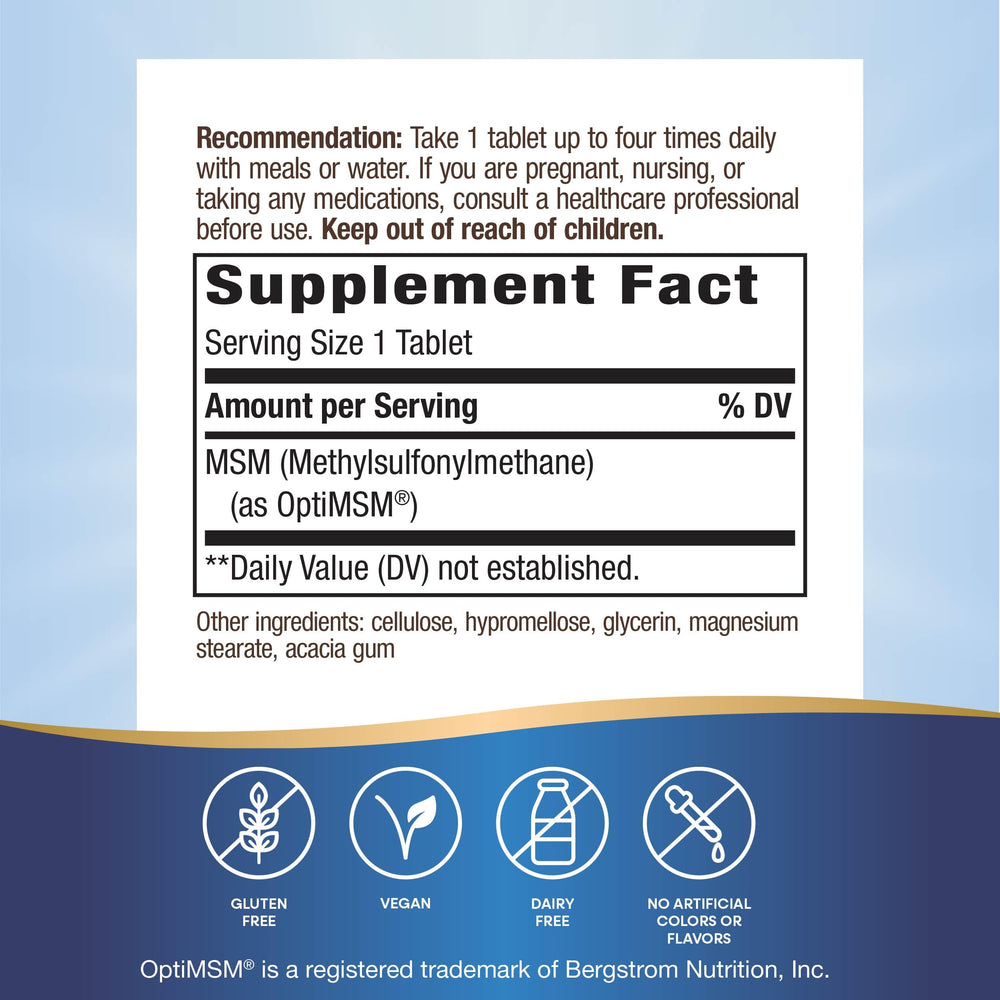 Nature's Way MSM tablets close-up, showcasing round pills for daily joint care.
