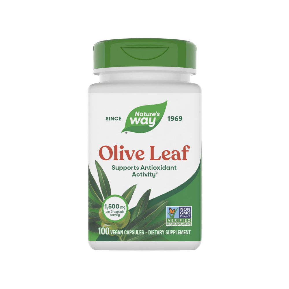 Nature's Way Olive Leaf bottle close-up highlighting 1,500 mg per serving for antioxidant support