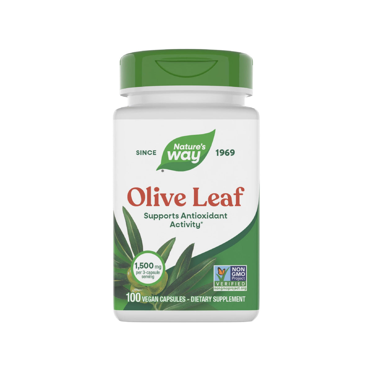 Nature's Way Olive Leaf bottle close-up highlighting 1,500 mg per serving for antioxidant support