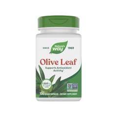 Nature's Way Olive Leaf bottle close-up highlighting 1,500 mg per serving for antioxidant support