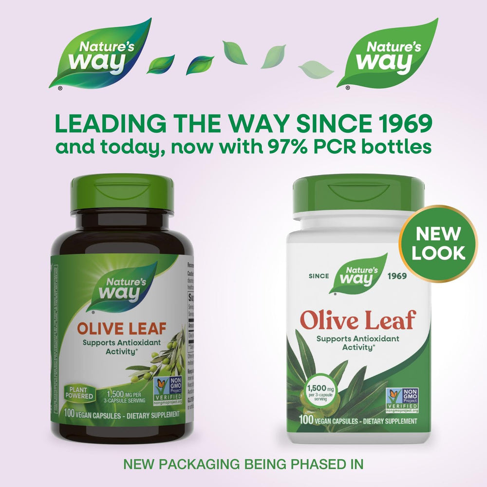 Nature's Way Olive Leaf bottle label emphasizes Non-GMO Project Verified quality