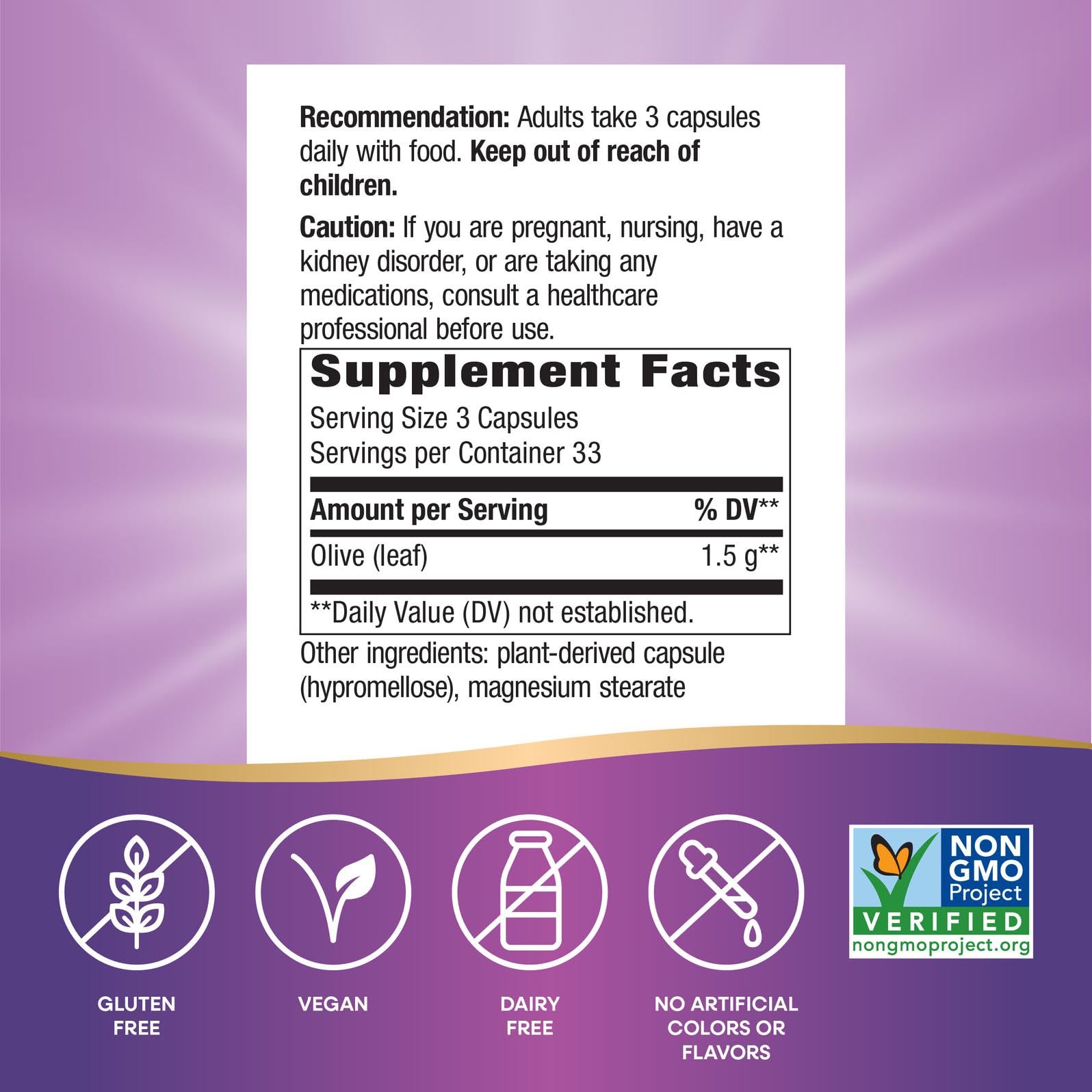 Nature's Way Olive Leaf capsules close-up showing easy-to-swallow vegan capsules
