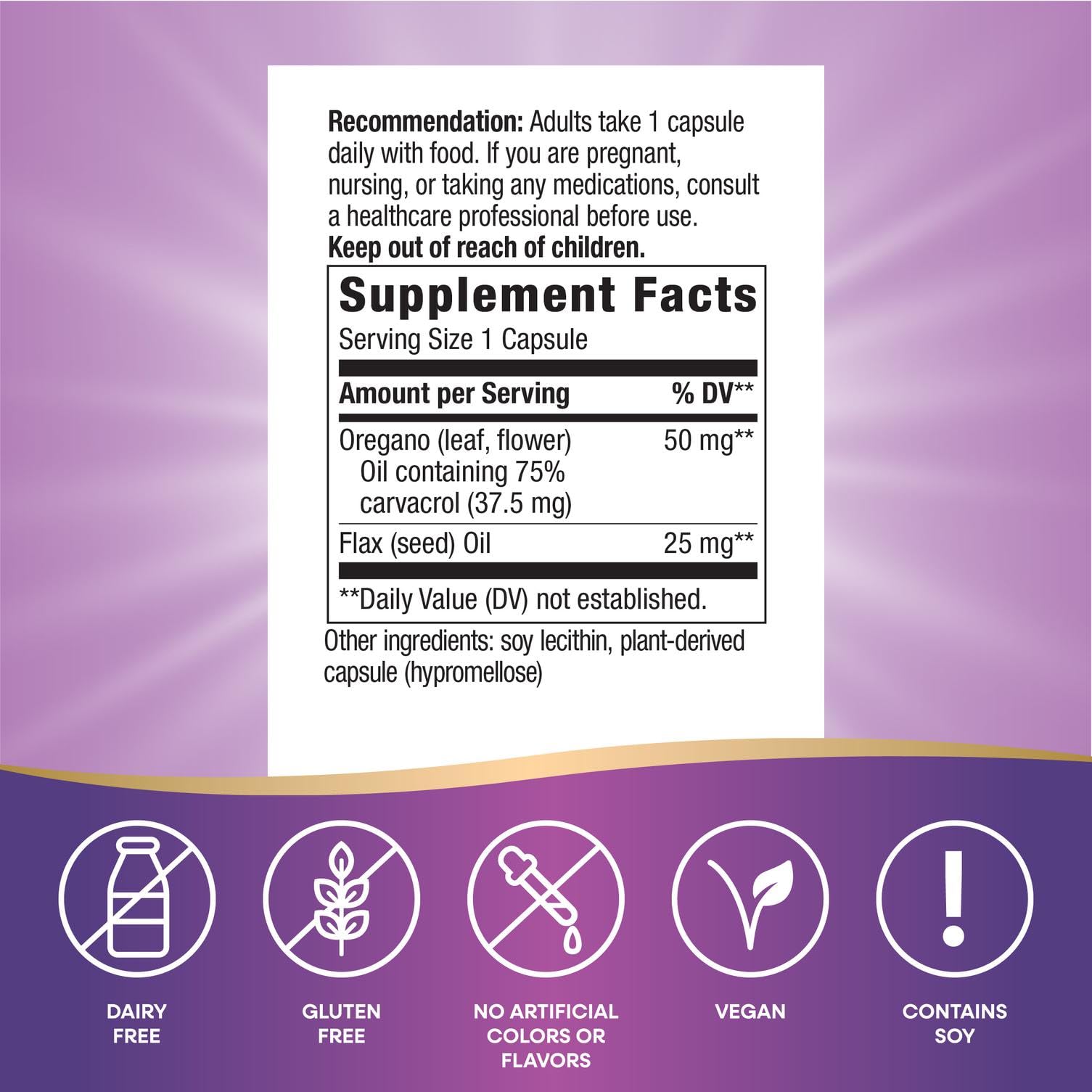Nature's Way oregano oil capsules set for convenient daily vegan use.