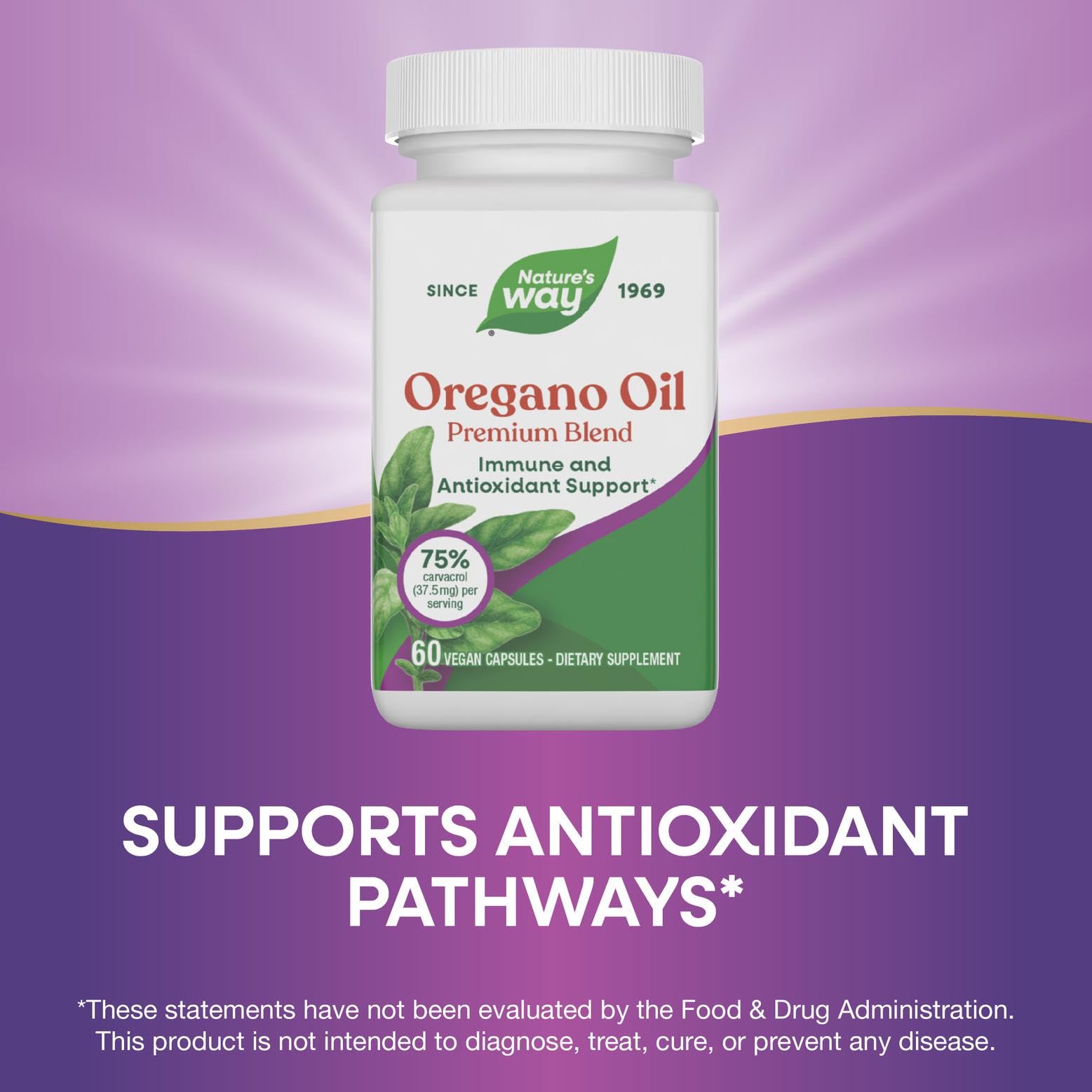Nature's Way oregano oil packaging indicates sustainability with recycled materials.