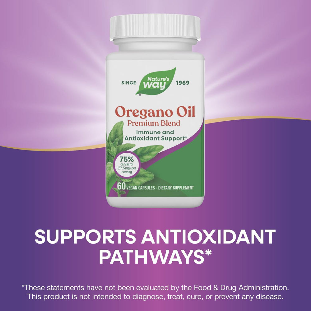 Nature's Way oregano oil packaging indicates sustainability with recycled materials.