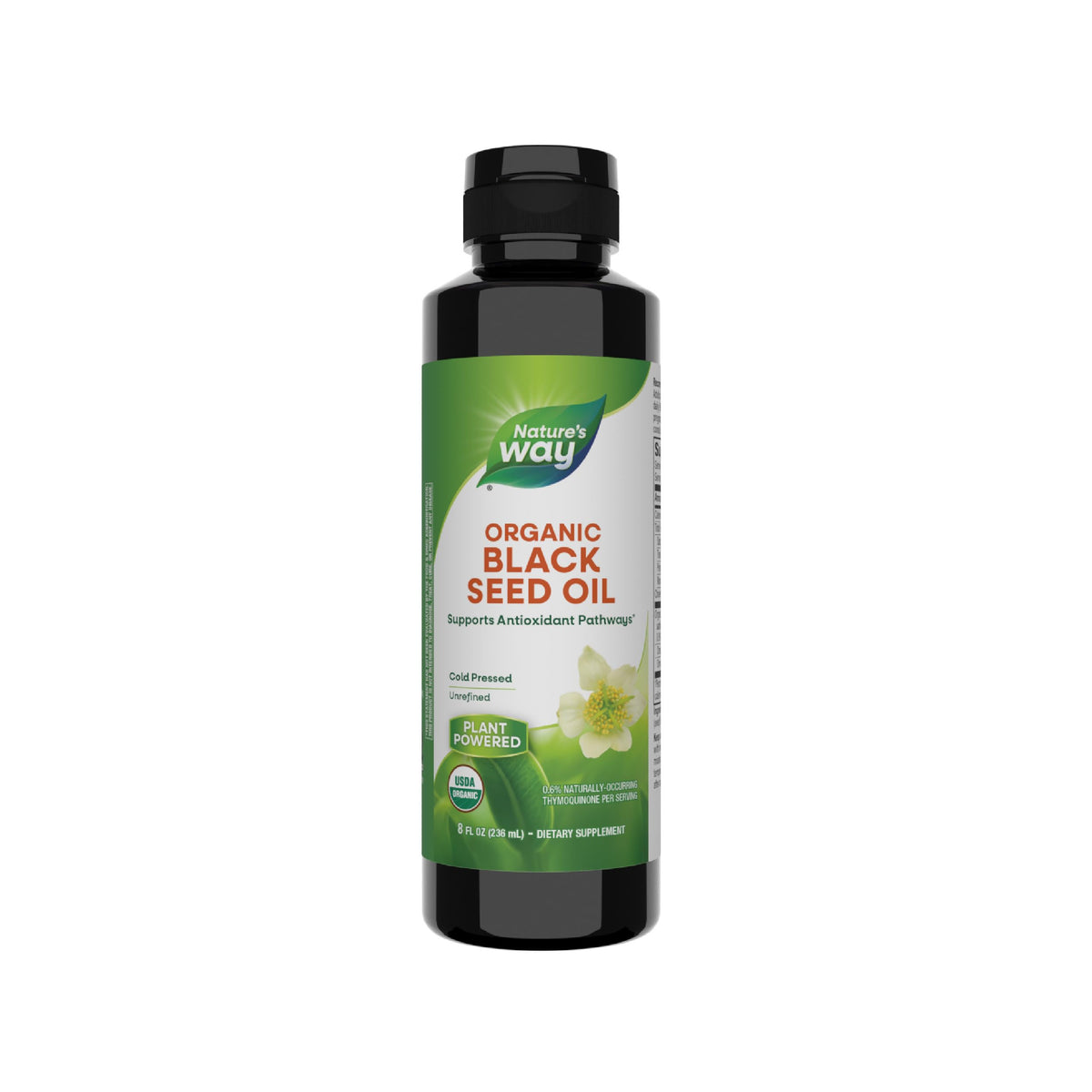 Nature's Way Organic Black Seed Oil bottle highlighting antioxidant pathways