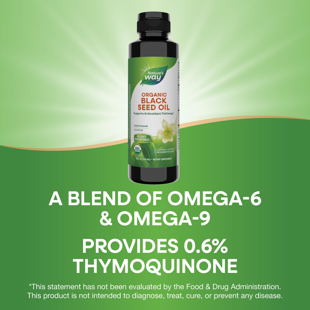 Nature's Way Organic Black Seed Oil ingredients panel with omega-6 and omega-9
