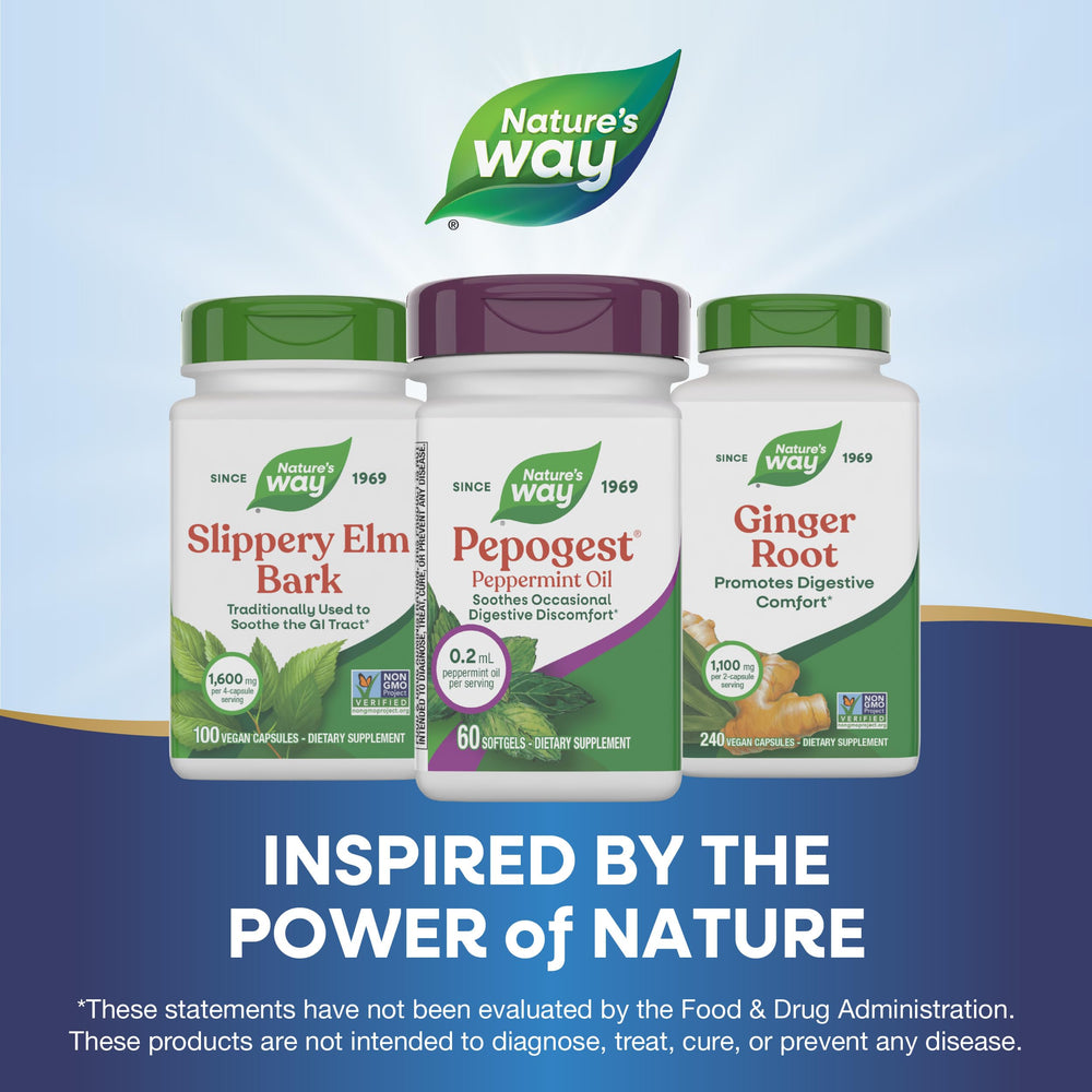 Nature's Way Pepogest bottle open with softgels ready for travel.