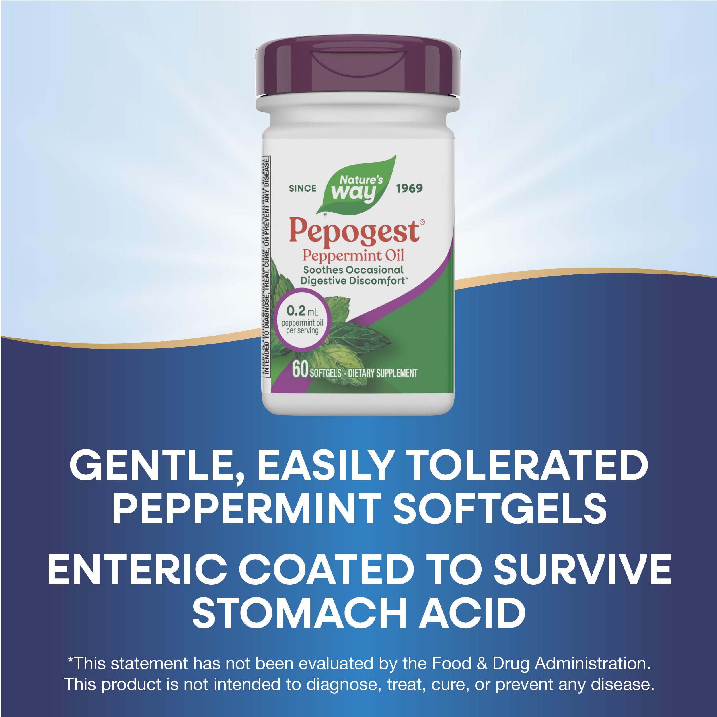 Nature's Way Pepogest softgel being swallowed with water for easy daily use.