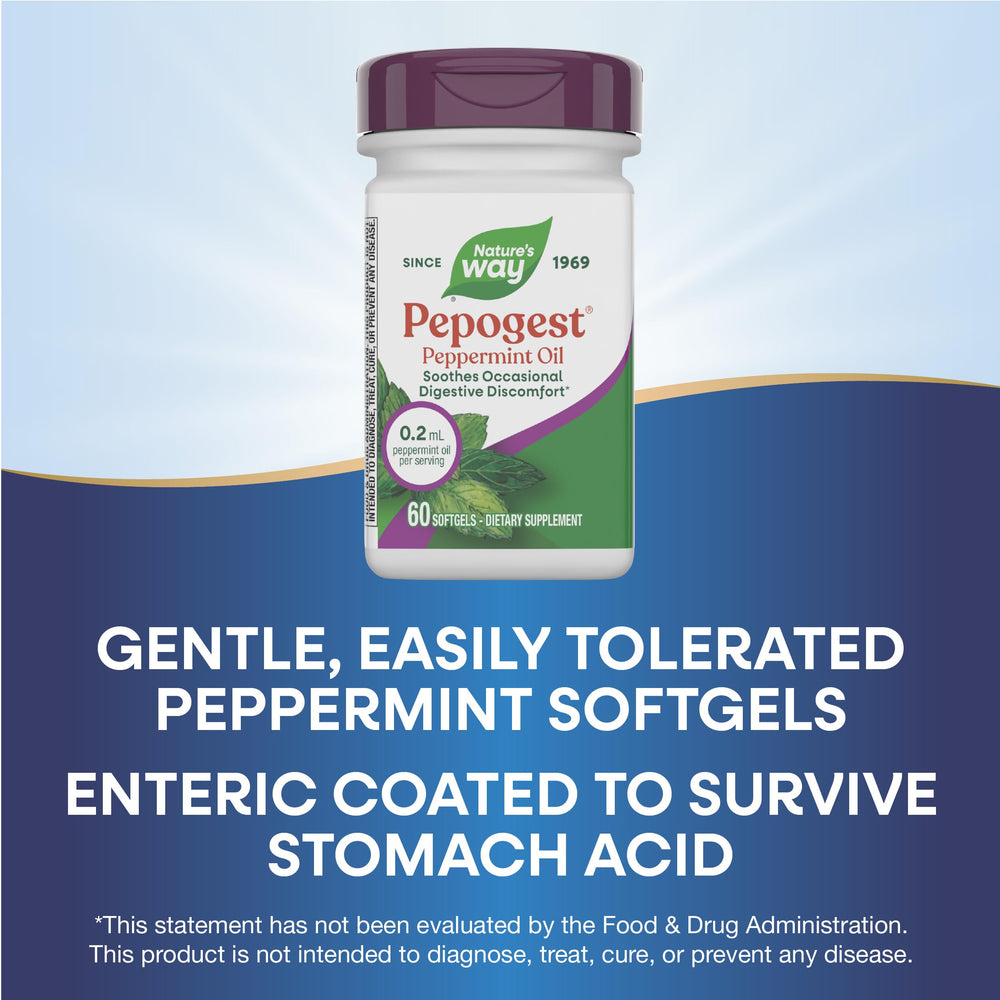 Nature's Way Pepogest softgel being swallowed with water for easy daily use.