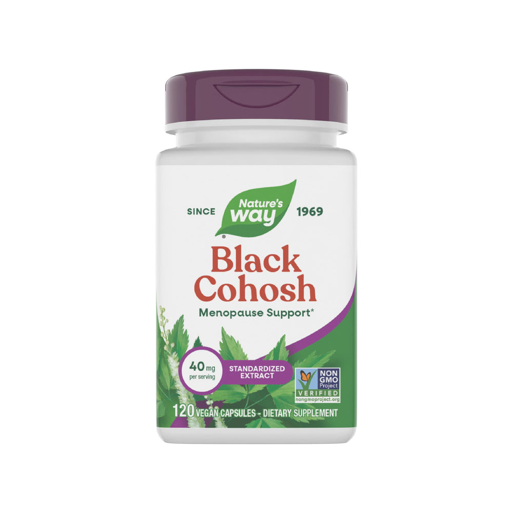 Nature's Way Premium Black Cohosh bottle pour shows easy daily dosing for menopause support