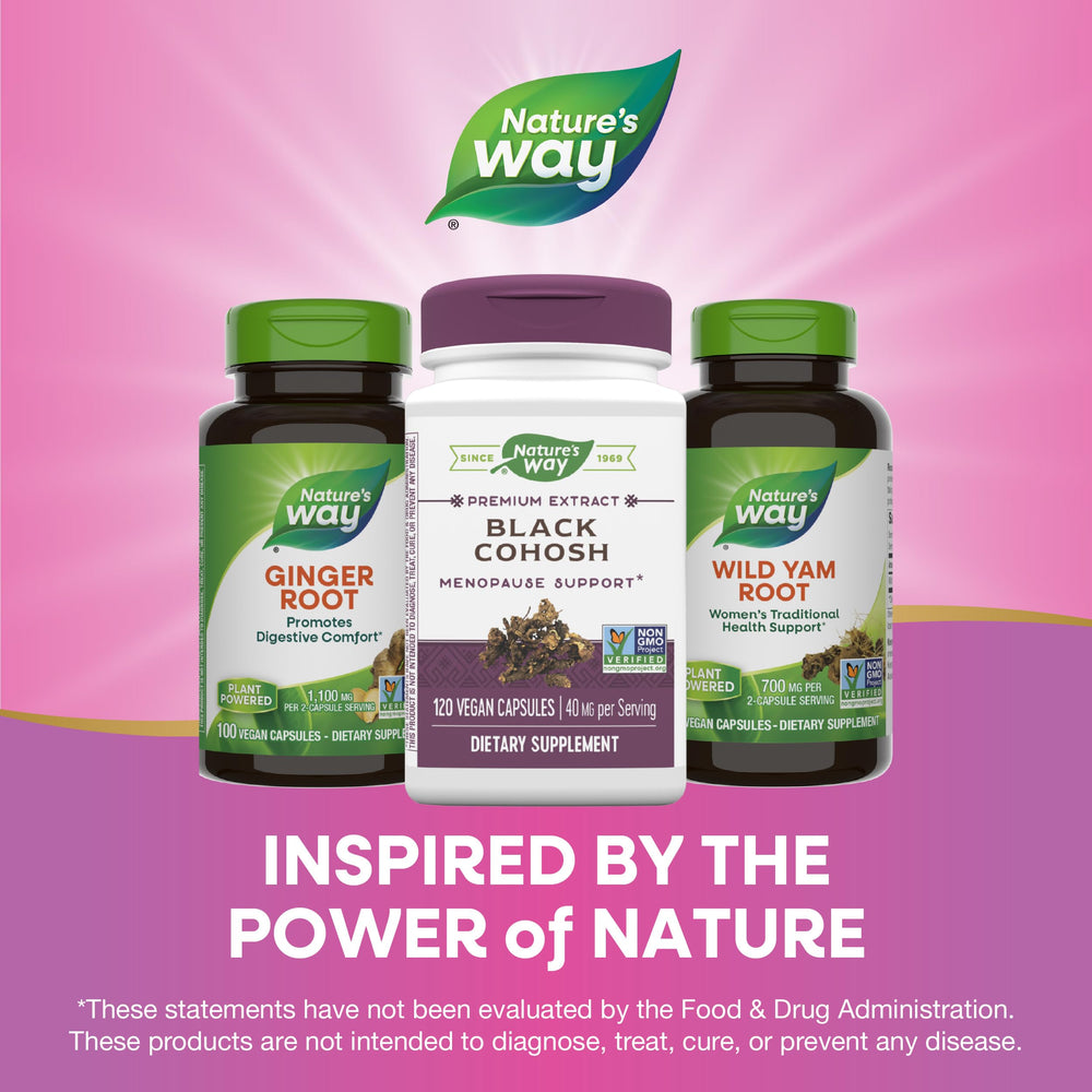 Nature's Way Premium Black Cohosh label detail emphasizes non-GMO verification and quality ingredients