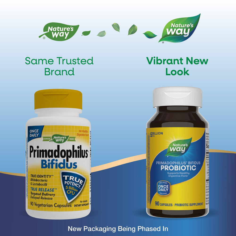 Nature's Way Primadophilus Bifidus product label shows four probiotic strains.