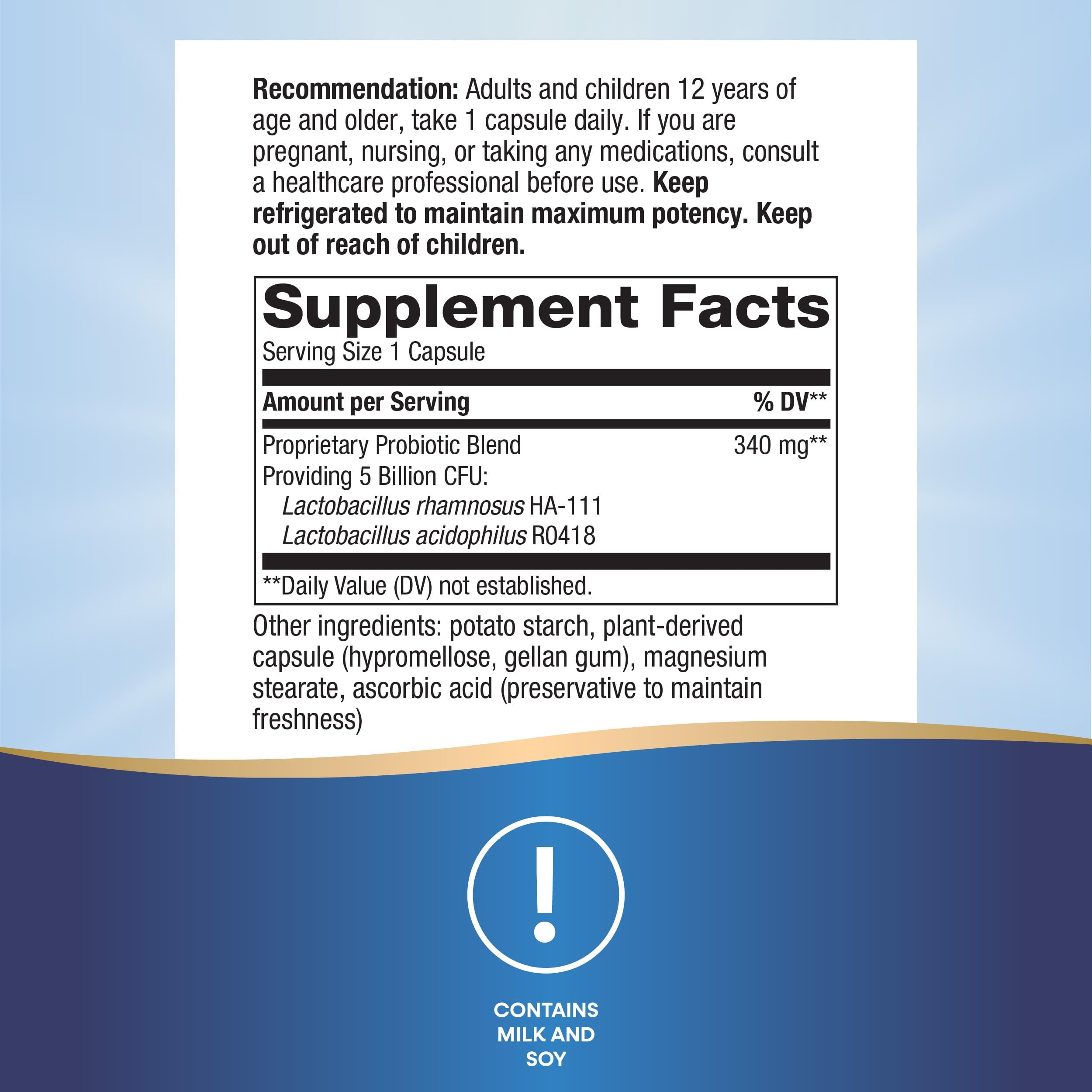 Primadophilus capsules close-up highlights 5 Billion CFU per serving for probiotic support.