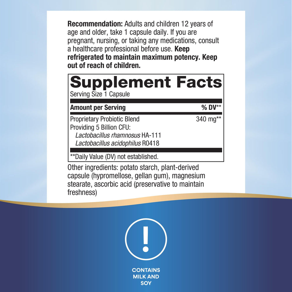 Primadophilus capsules close-up highlights 5 Billion CFU per serving for probiotic support.