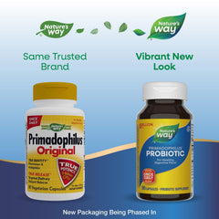 Close-up of Primadophilus label shows two Lactobacillus strains for gut-friendly benefits.
