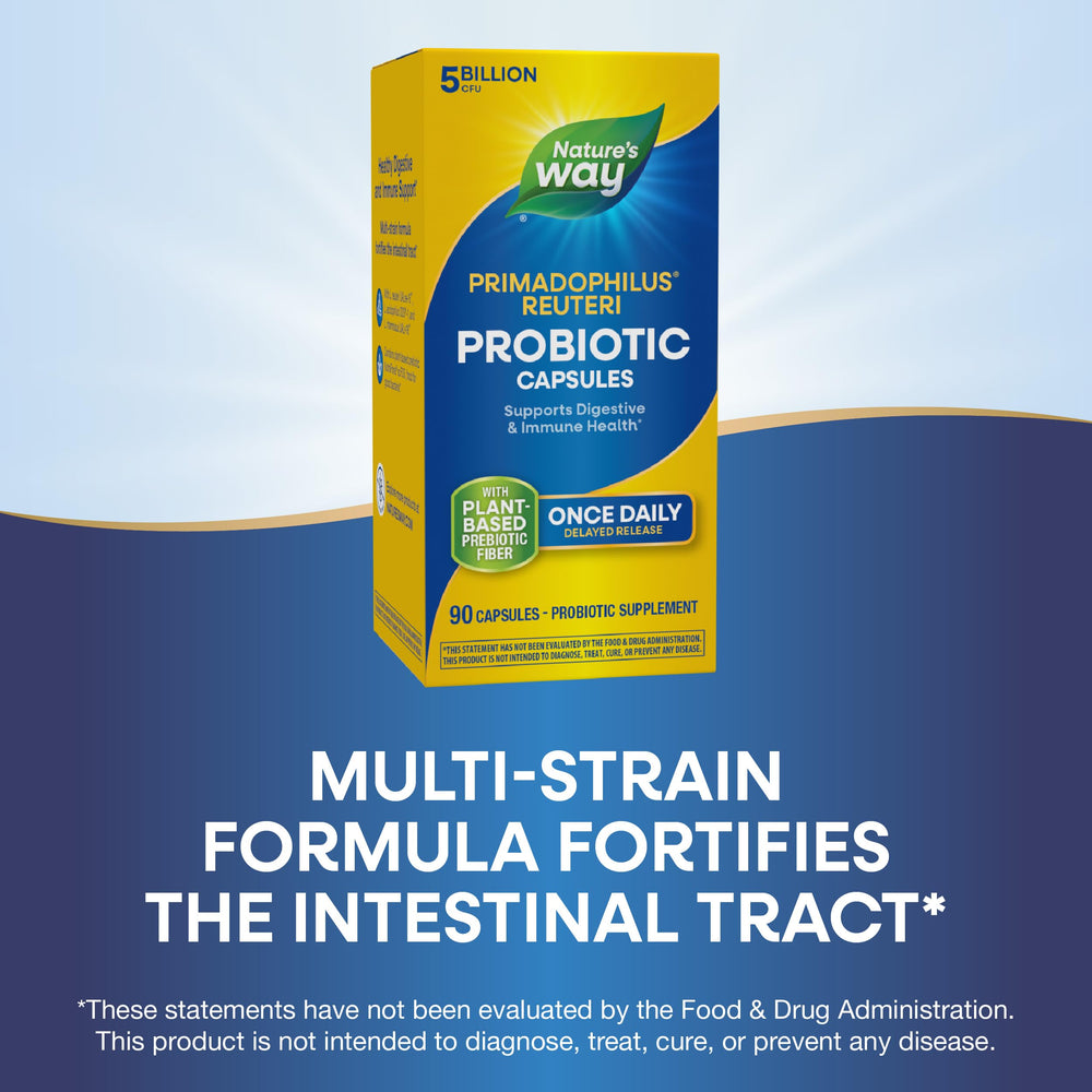 Nature's Way Primadophilus Reuteri label displays gluten-free and dairy-free claims