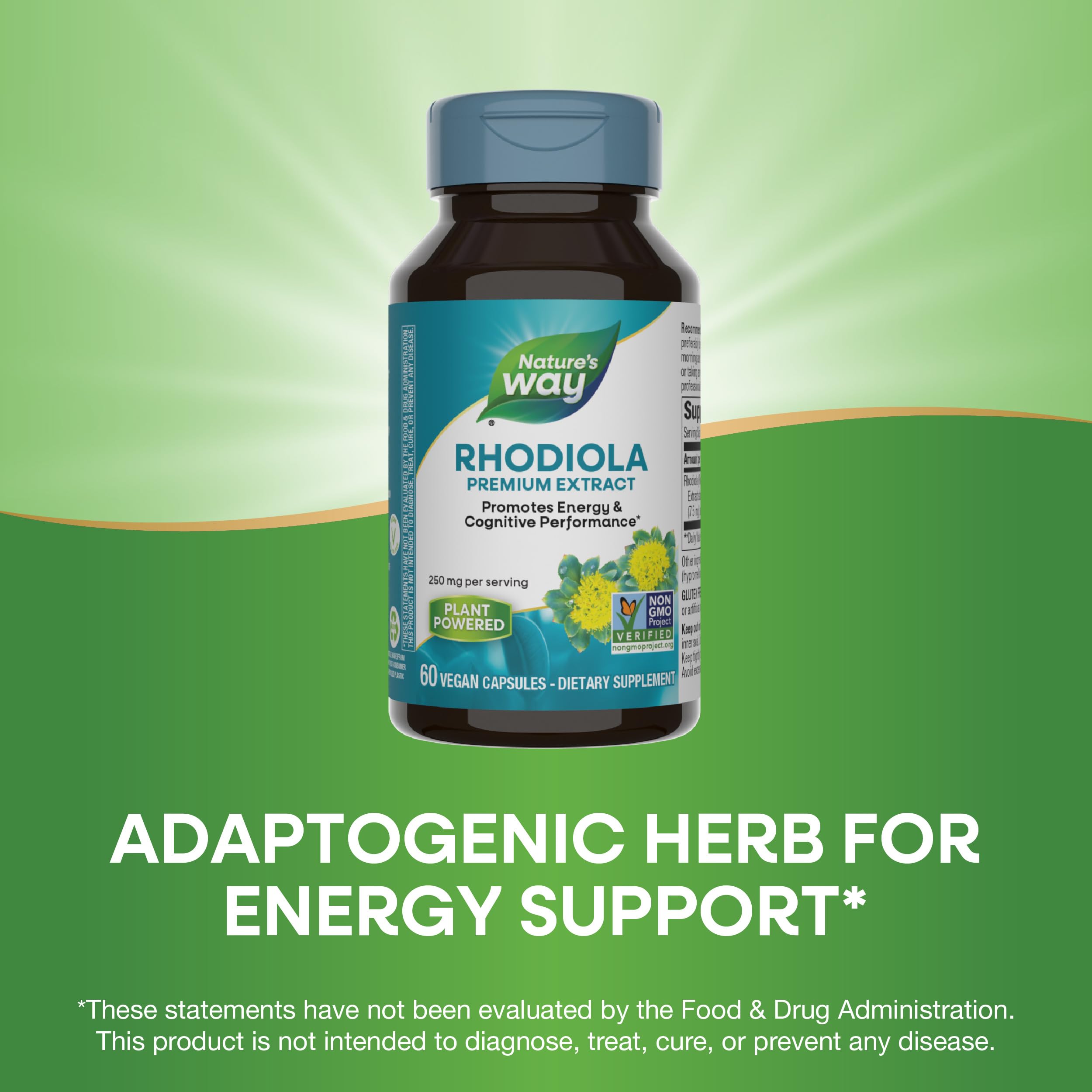 Nature's Way Rhodiola Premium Extract capsules in daily routine setting.