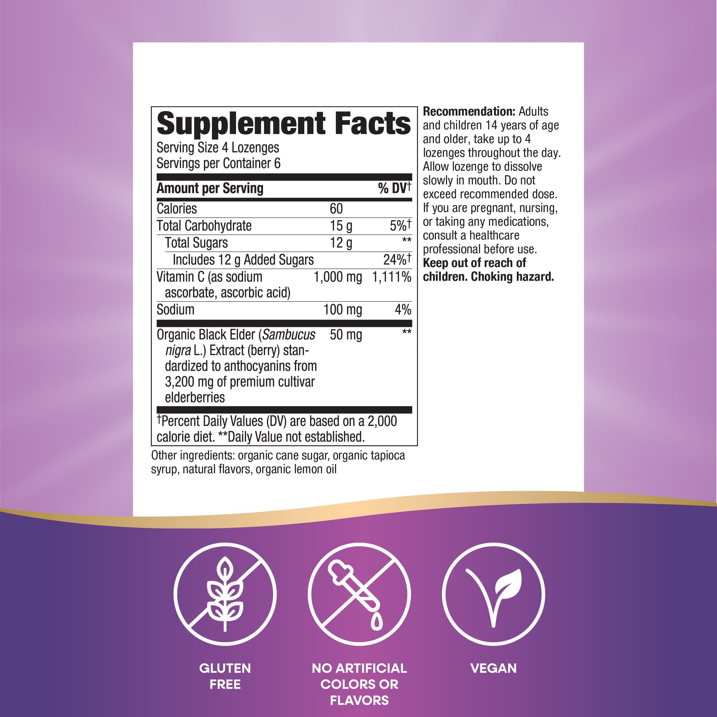 Nature's Way Sambucus elderberry close-up emphasizes organic berries and flavonoids.