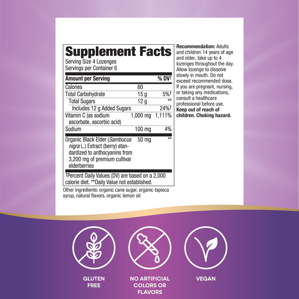 Nature's Way Sambucus elderberry close-up emphasizes organic berries and flavonoids.