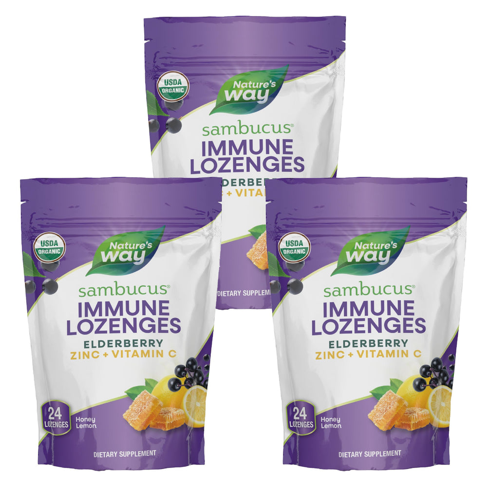 Nature's Way Sambucus immune lozenges bottle shown for daily immune support.