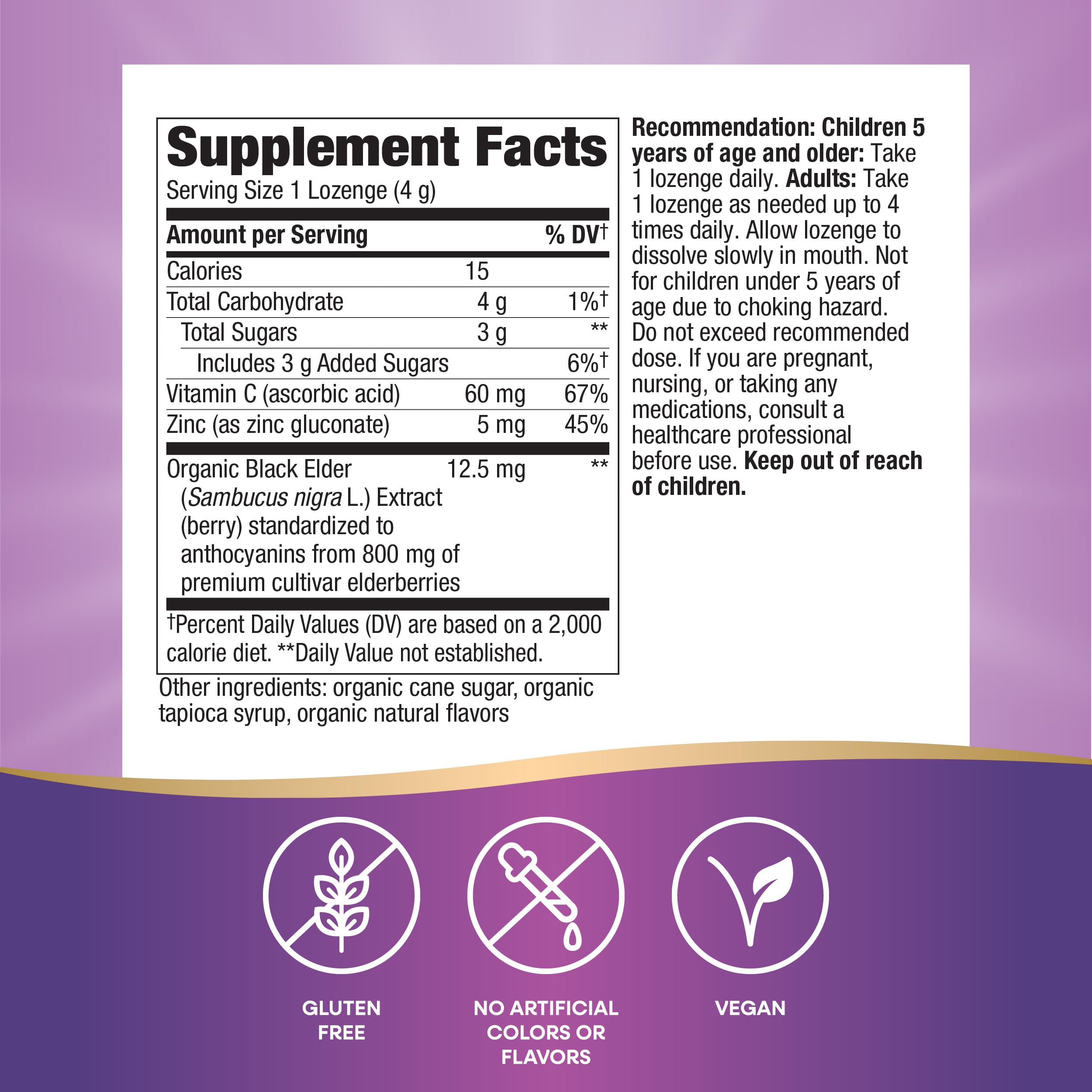 Nature's Way Sambucus immune lozenges pack back shows organic ingredients and vegan status.