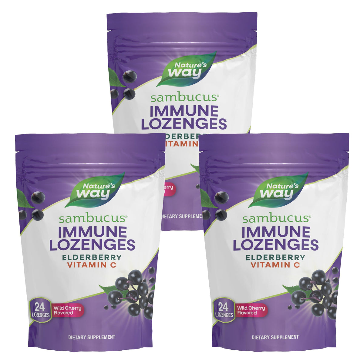 Nature's Way Sambucus immune lozenges packaging shows elderberry and vitamin C support.